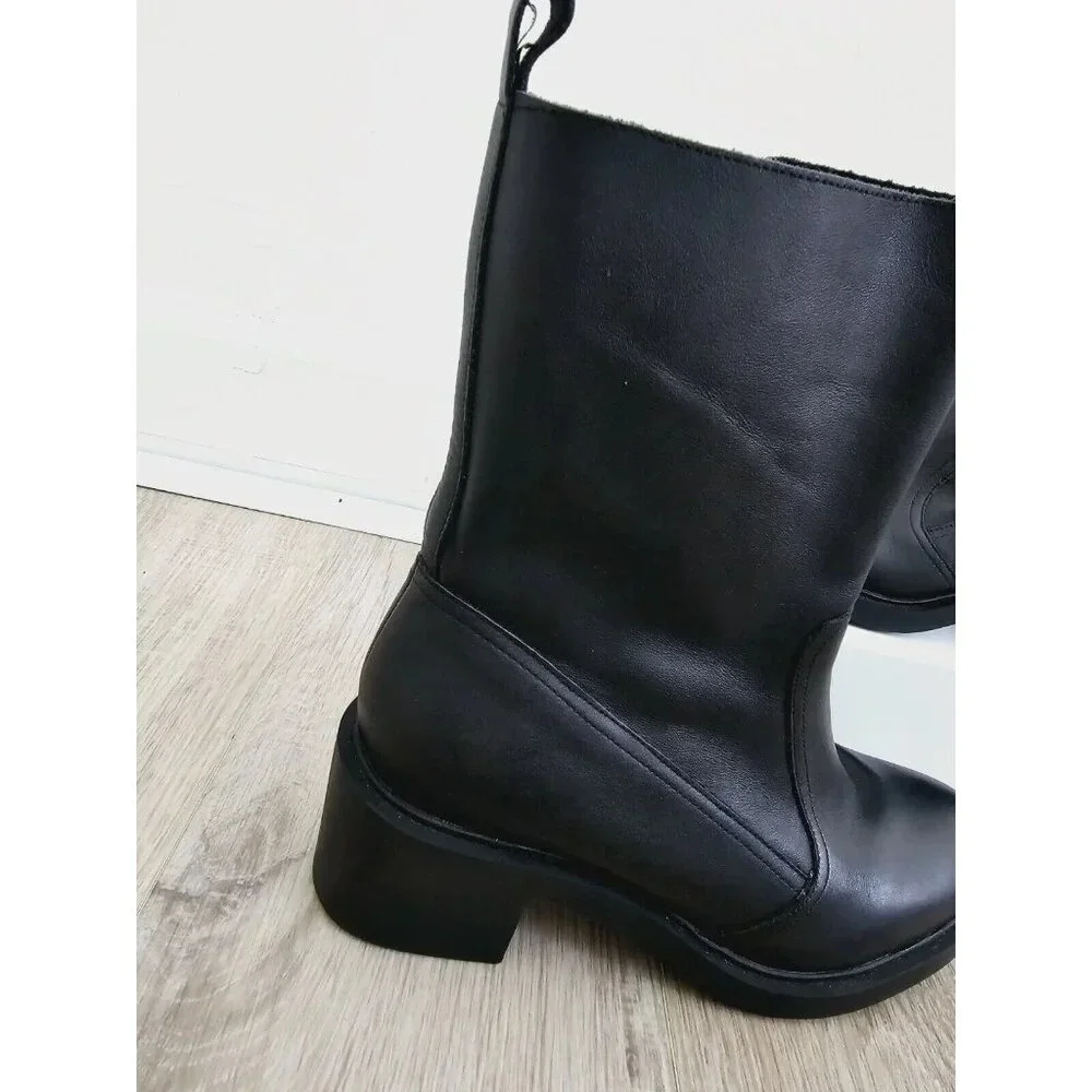 Andre Assous Gloria Chelsea Bootie Leather Black Biker Goth Block Heel Boots 9.5